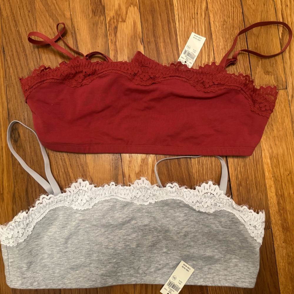 Aerie Lace Trim Bralette Duo - Red and Gray